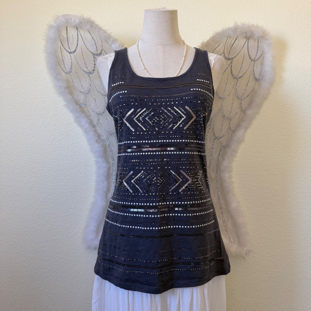 Indie Sleaze Y2K Sequin Studded Boho Tank Top Charcoal Grey Fitted 2000s Sparkly